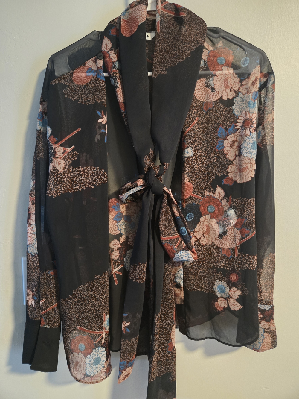 Zara Black Sheer Floral Tie-Neck Blouse with Blue & Blush Accents